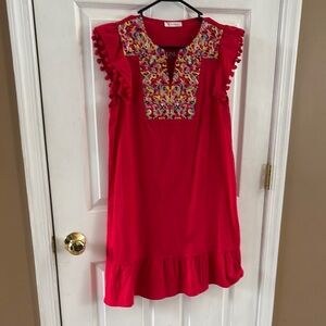Red Dress with Multicolor Embroidery